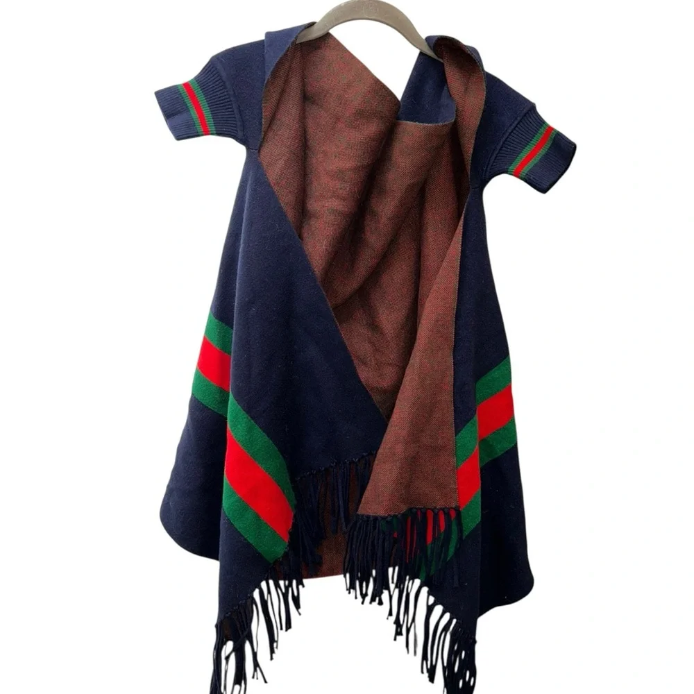 Elegant Navy green red stripes sleeved shrug wrap shawl scarf Fringe - Picture 1 of 3